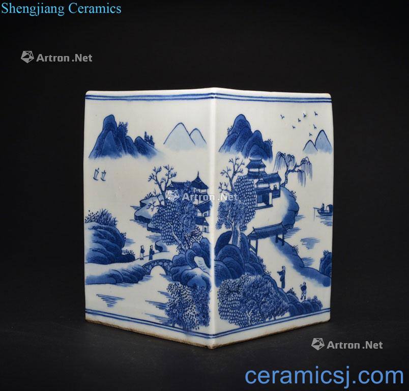 The Qing Dynasty A BLUE AND WHITE SQUARE BRUSHPOT