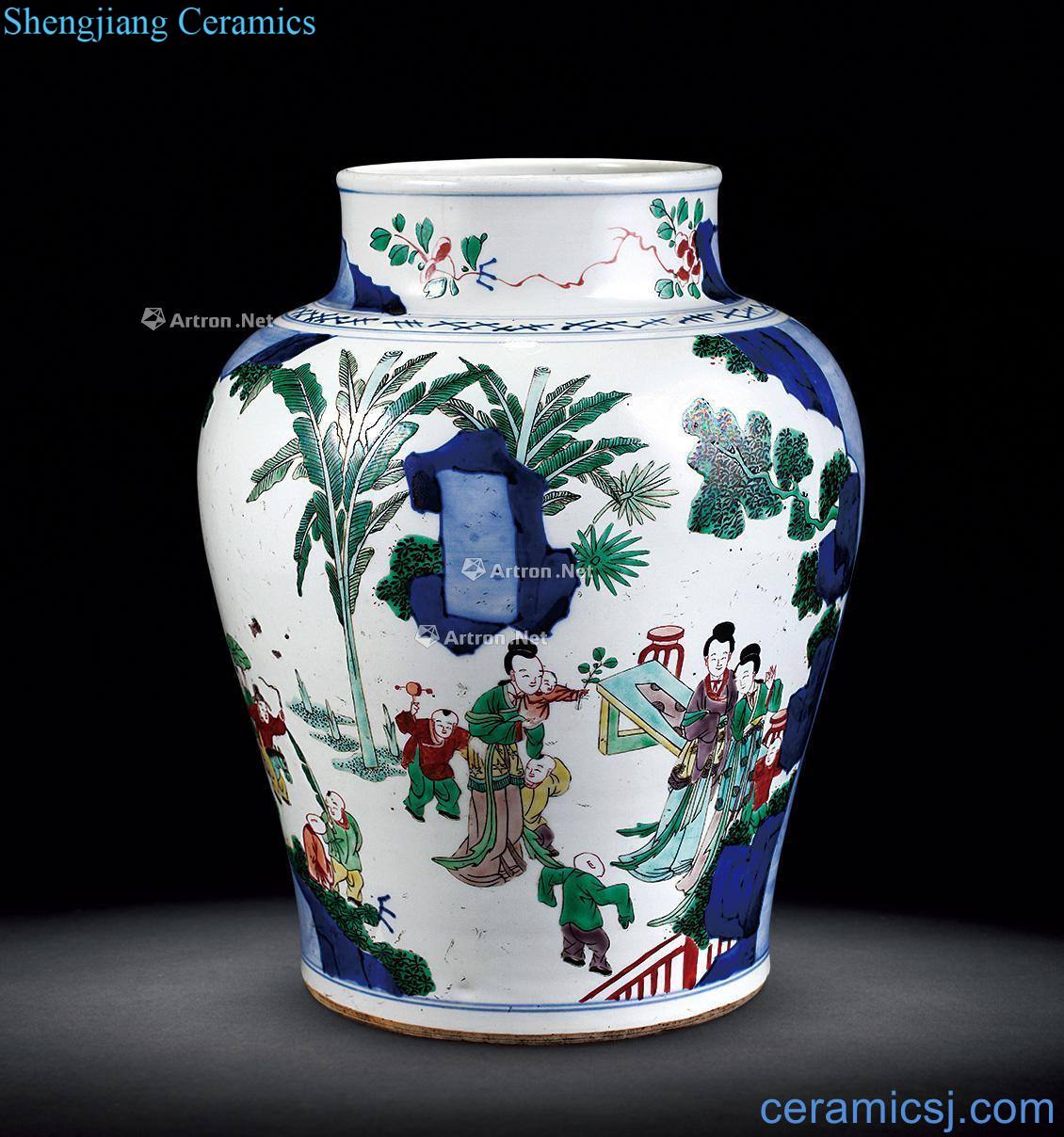 Qing shunzhi Blue and white can of colorful characters