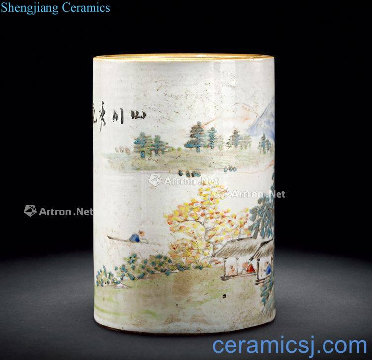 Qing Yu Huanwen shallow landscape brush pot