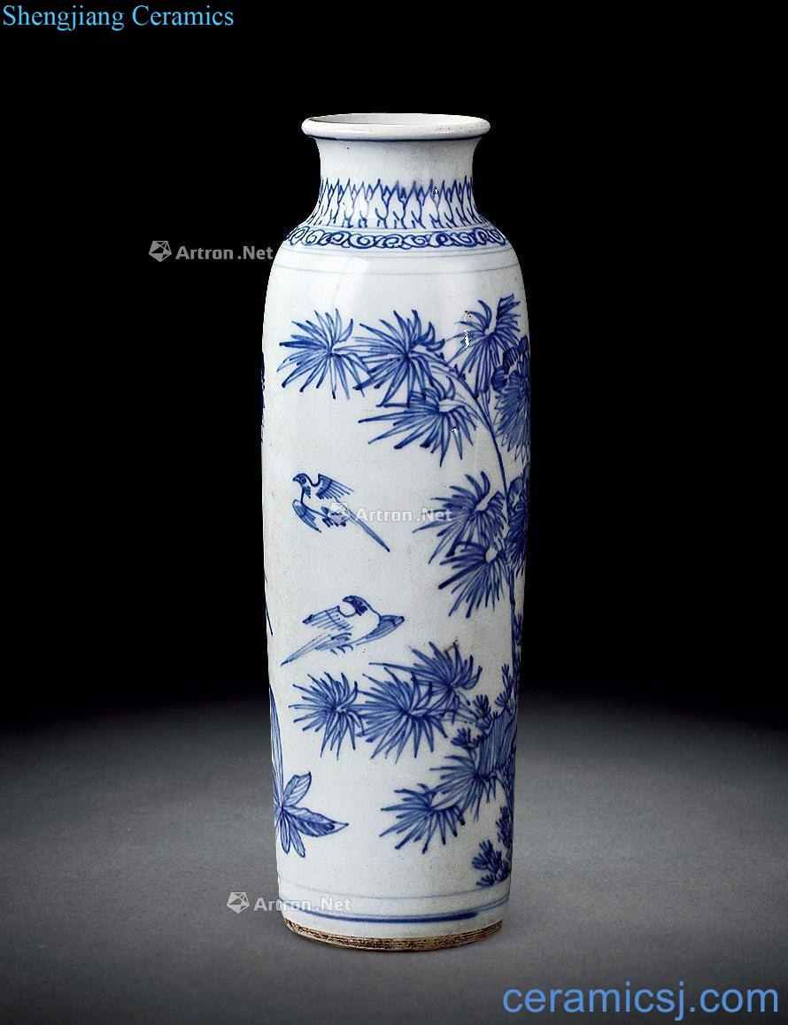 Early qing straight bottle of blue and white light tracing and flowers and birds