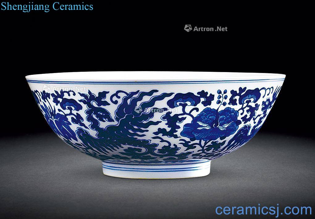Mid qing Blue and white real talent phoenix big bowl