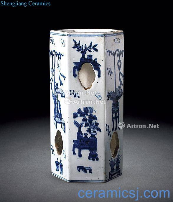 Qing dynasty blue and white hexagonal hollow out antique figure cap tube
