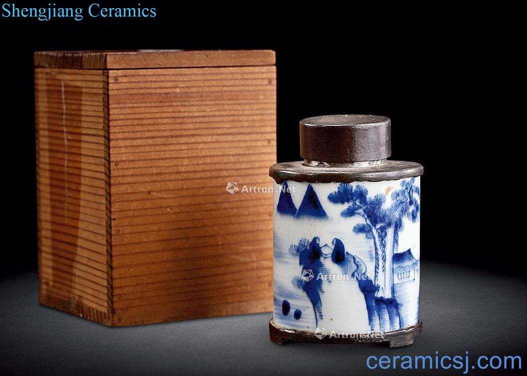 qing Blue and white landscape pattern tin-coat caddy
