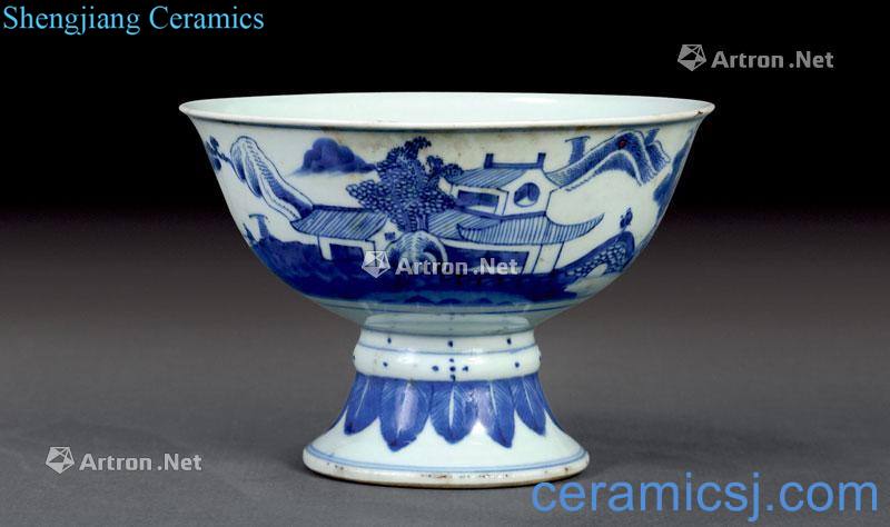 qing Blue and white landscape footed bowl