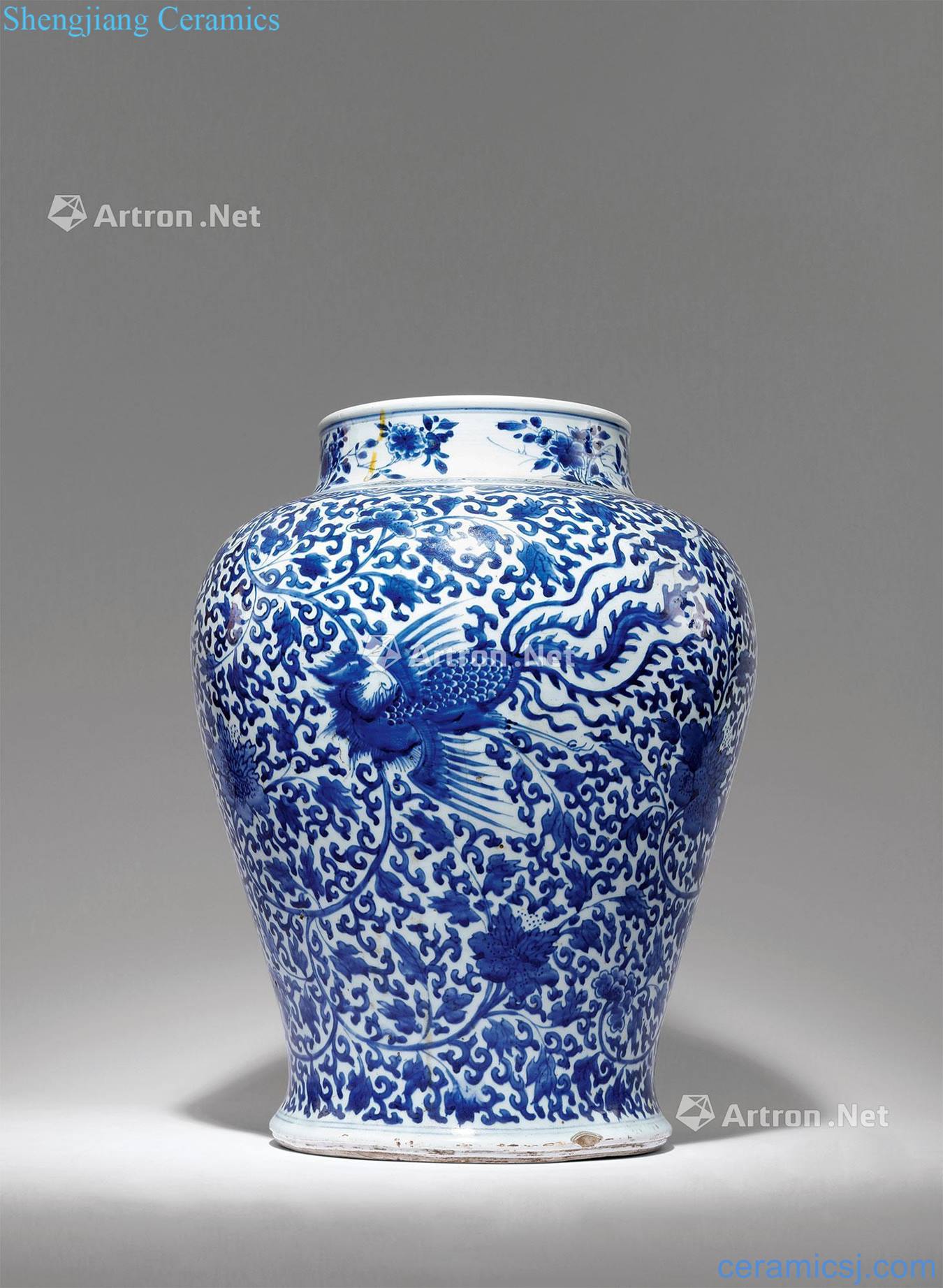 The qing emperor kangxi Blue and white double phoenix wear large pot of flower
