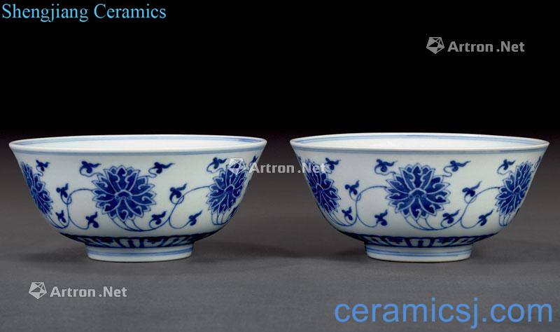 qing Blue and white tie up branch lotus green-splashed bowls (2)