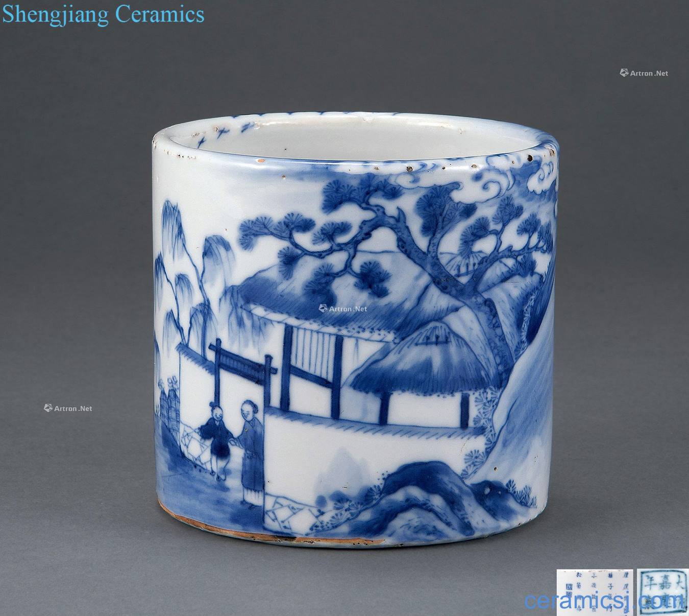 Qing dynasty landscape characters grain blue pen container