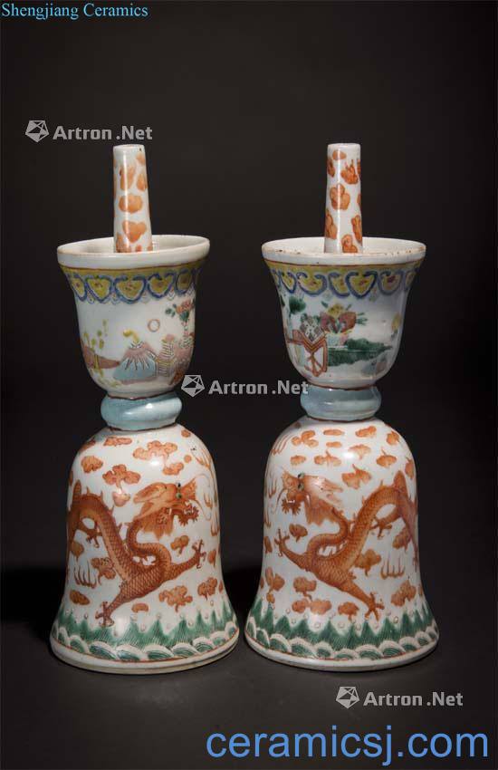 Qing guangxu pastel picture dragon candle holders (a)