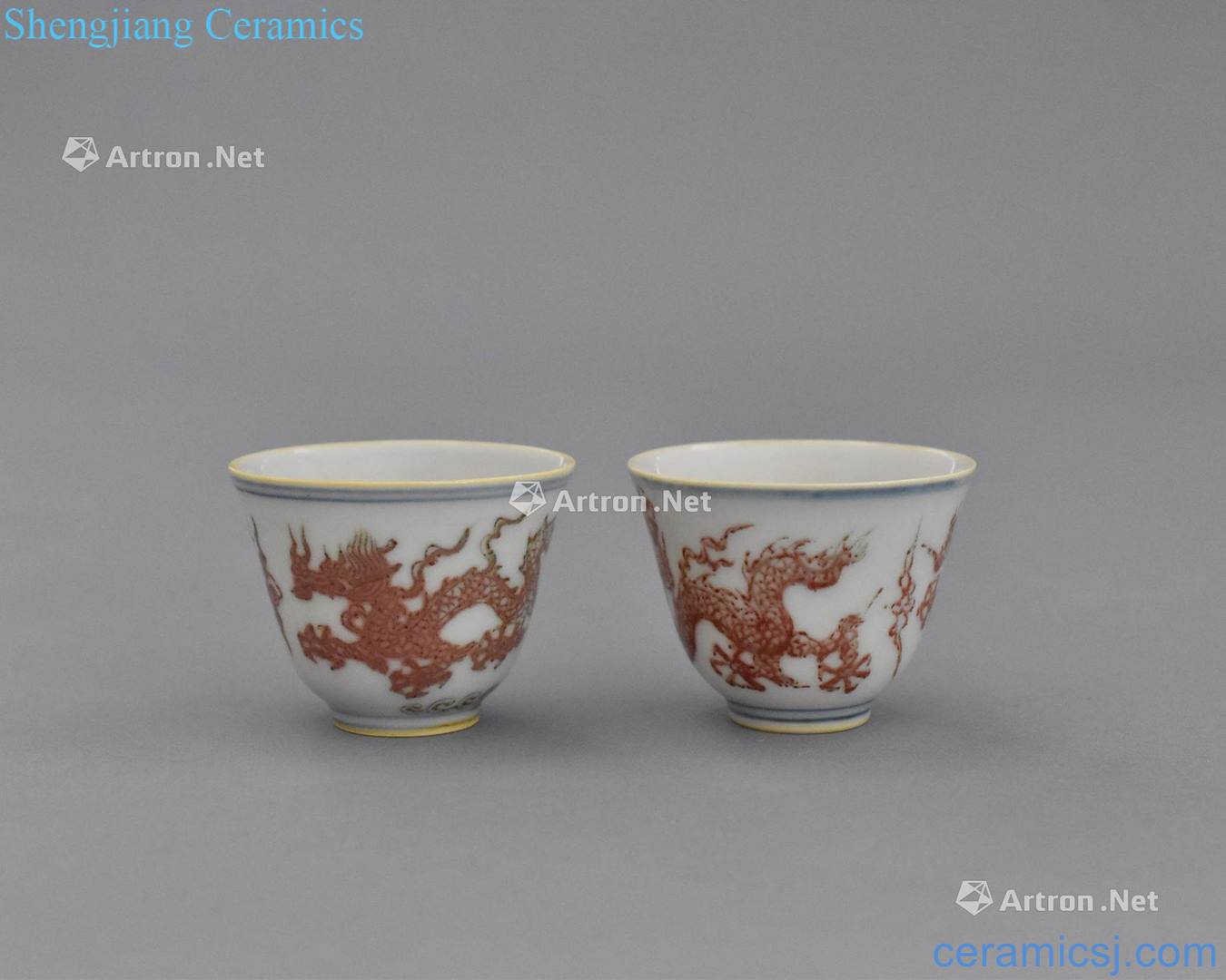 Ming Dynasty CHENGHUA MARK PAIR OF CHENGHUA RED DRAGON PORCELAIN WINE CUPS
