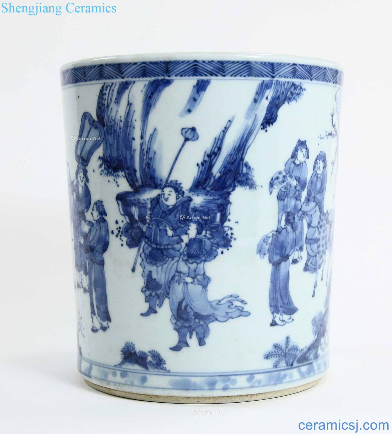 The qing emperor kangxi Blue and white war brush pot