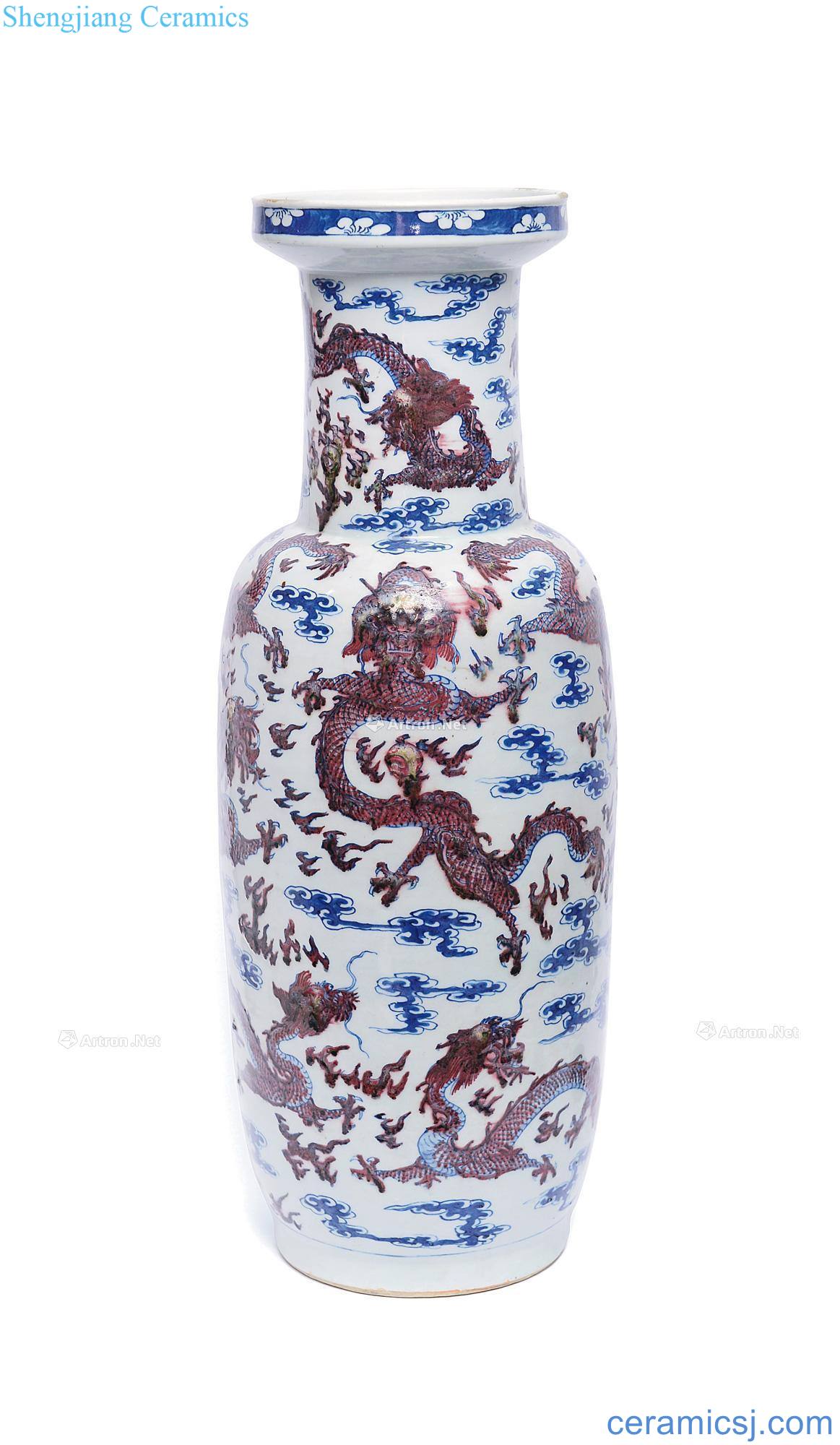The late qing dynasty Blue and white youligong red dragon grain bottle