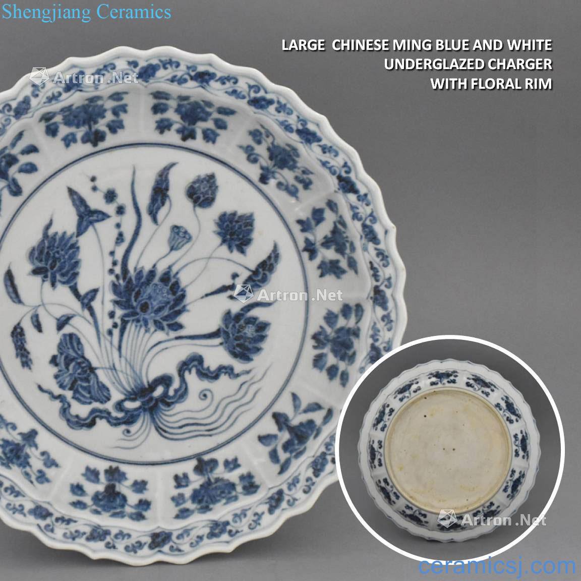 Ming Dynasty LARGE Ming BLUE AND WHITE CHARGER W/FLORAL RIM