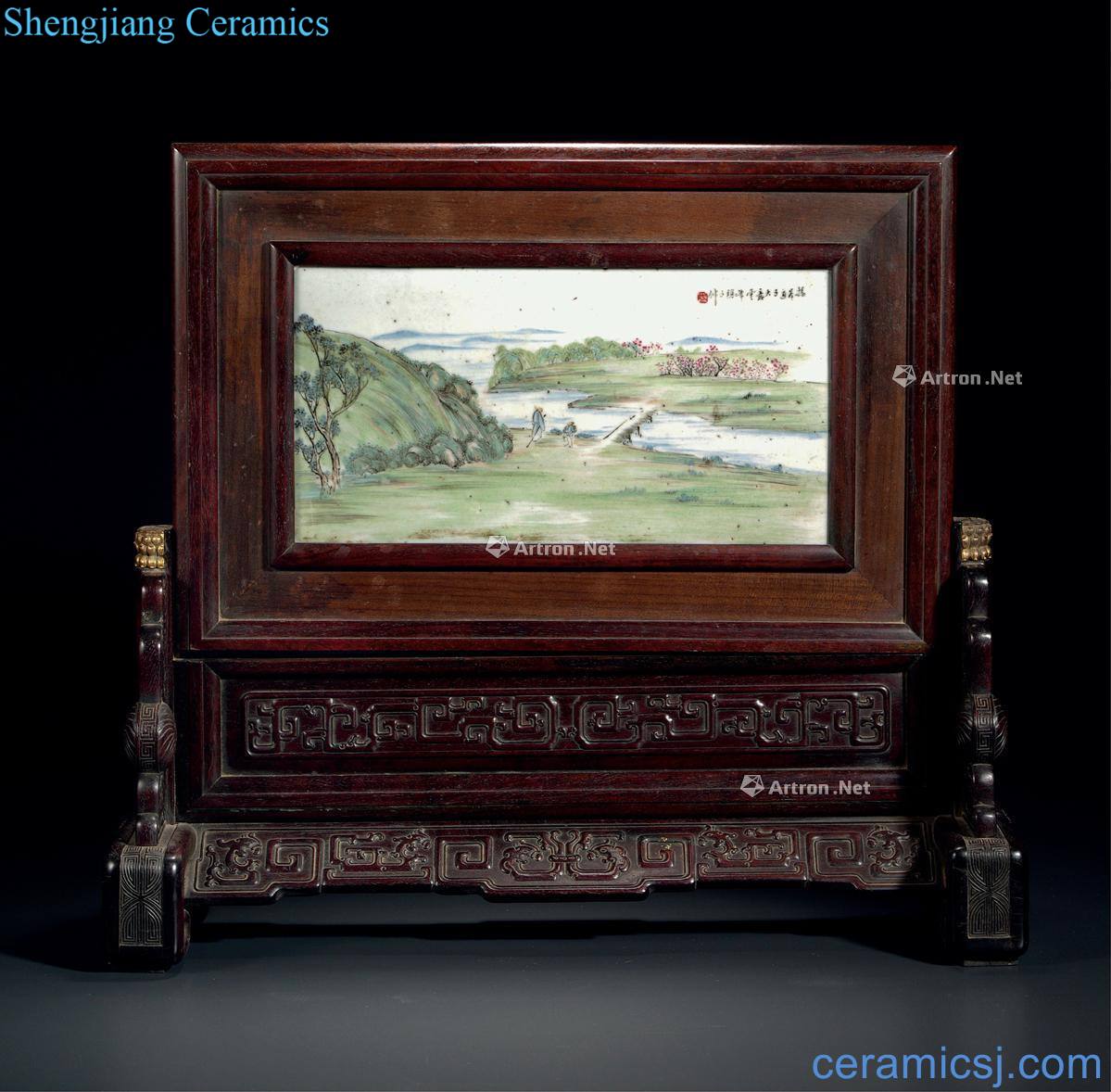 qing Plaque Fang Yunfeng draw annatto shallow embedded crimson landscape characters