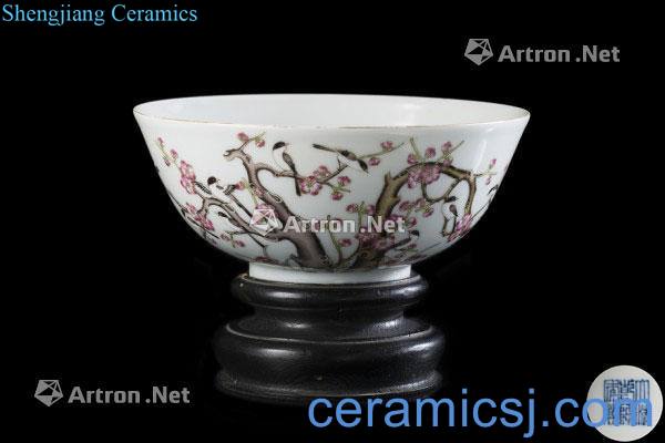 In the 19th century A Famille Rose porcelain bowl decorated with the magpies perched amongst flowering prunus branches, apocryphal