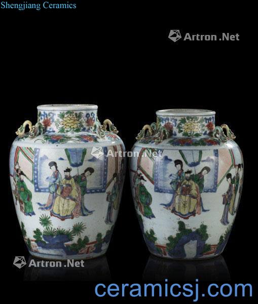 A pair of 18 th-century wucai porcelain jars, each applied with coloured dragon handles, made with figures in interiors and fenced gardens, China, 18 th century