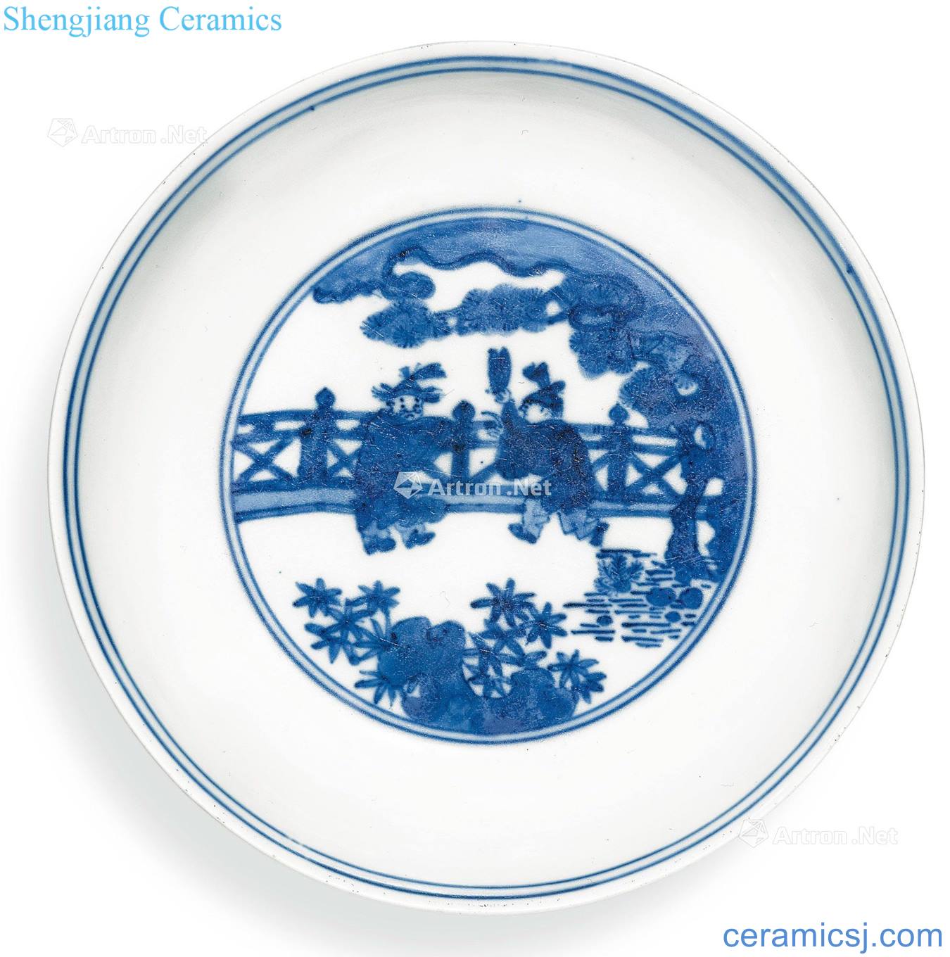 Jiajing of blue and white figure dish garden baby play
