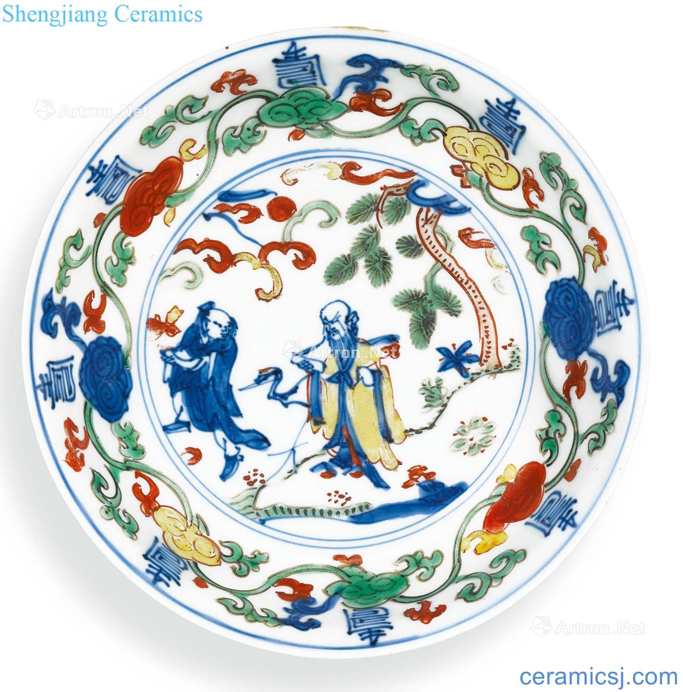 Ming wanli Color blue and white pine crane Wan Shouwen small dish
