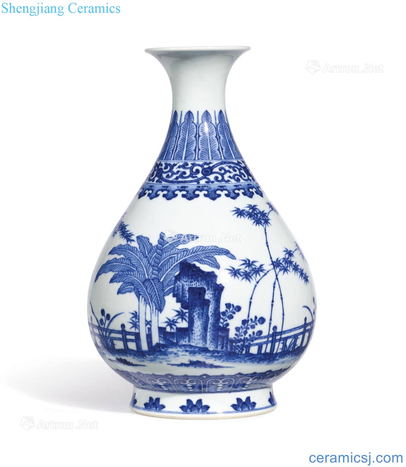 Qing qianlong Blue and white banana bamboo leaf veins okho spring bottle