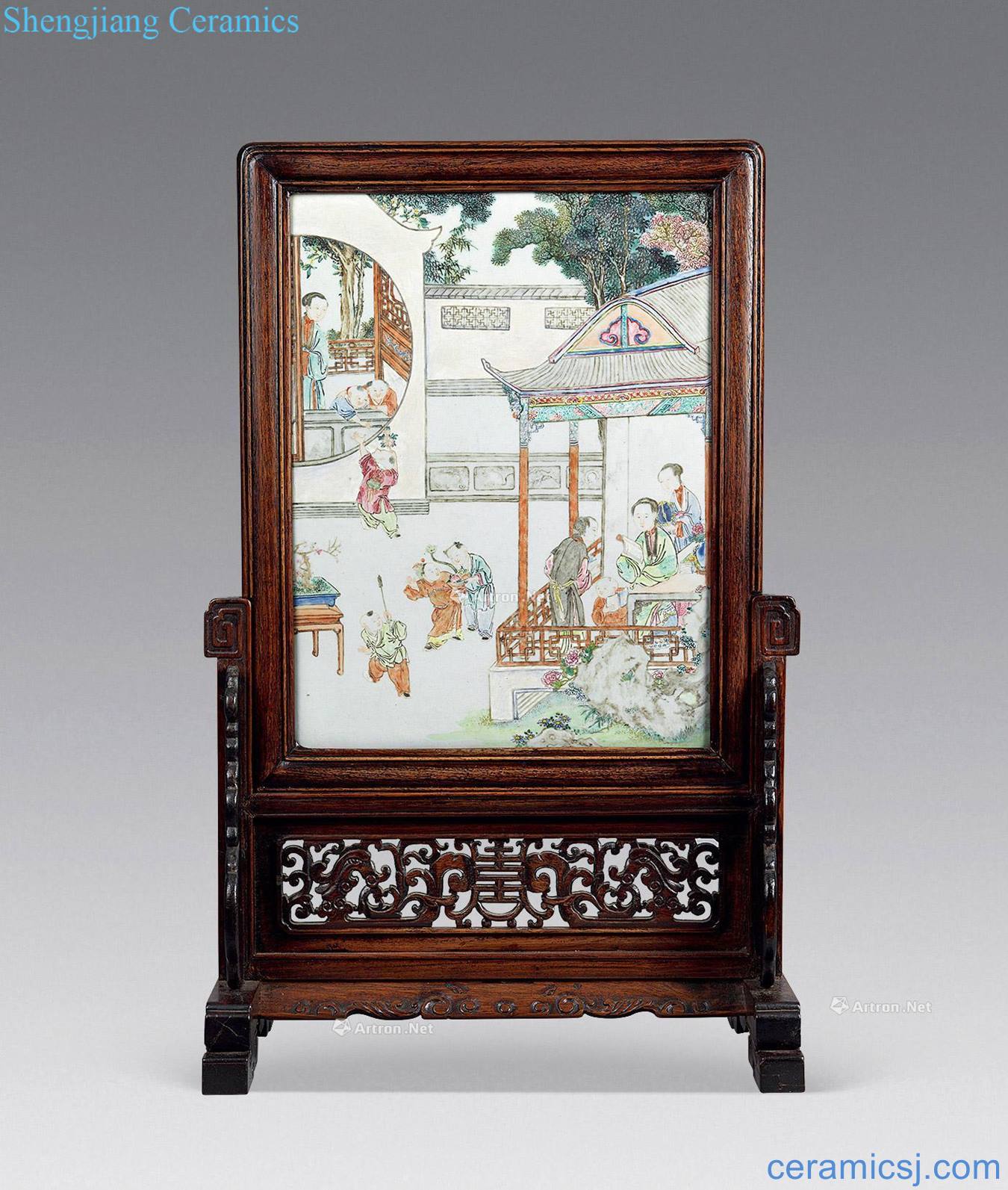 Qing qianlong pastel court character plaque