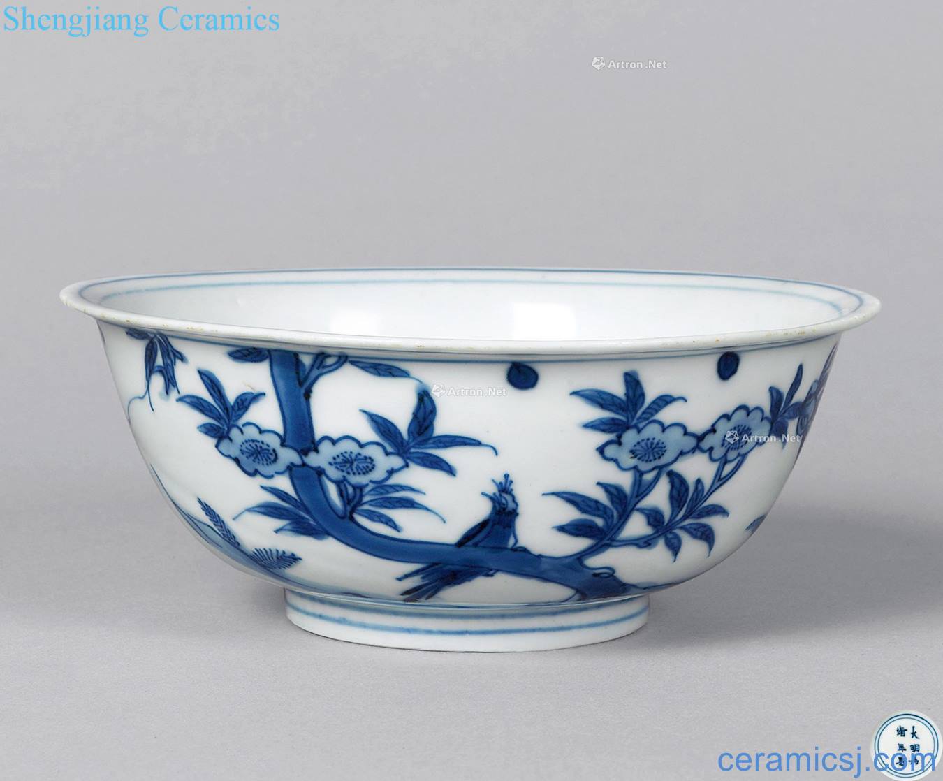 Ming Blue and white flowers and birds green-splashed bowls