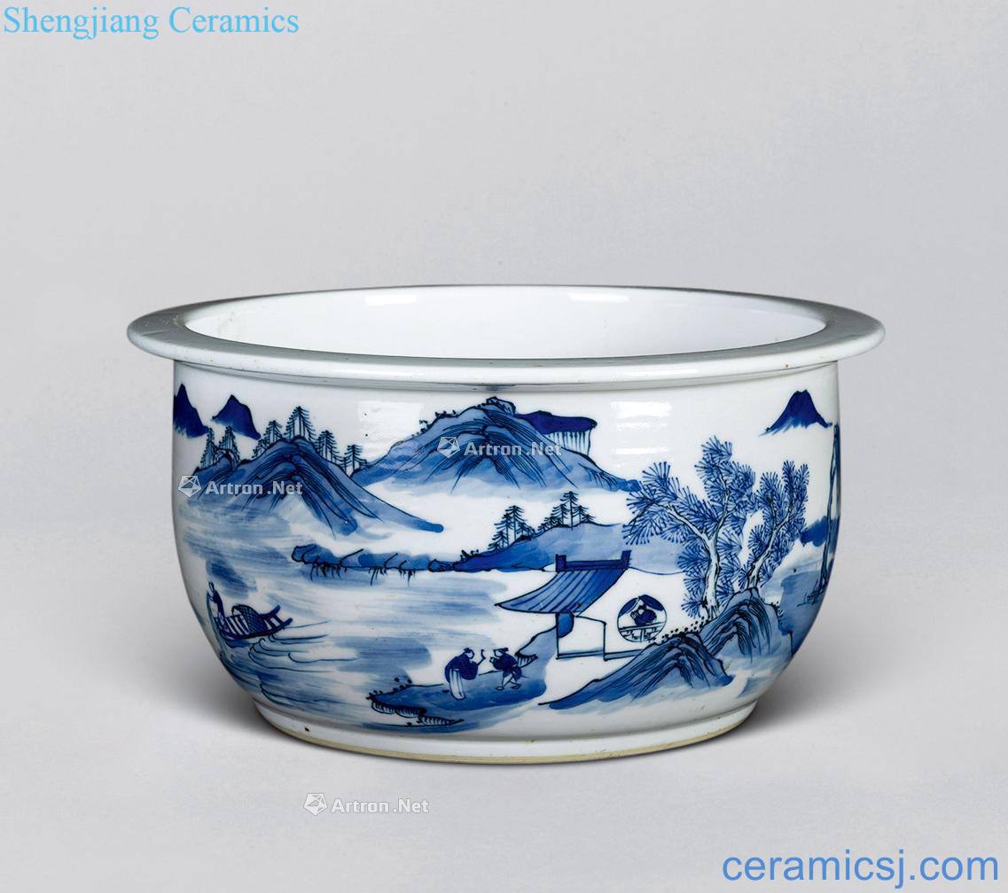 In the 19th century Blue and white landscape character small cylinder