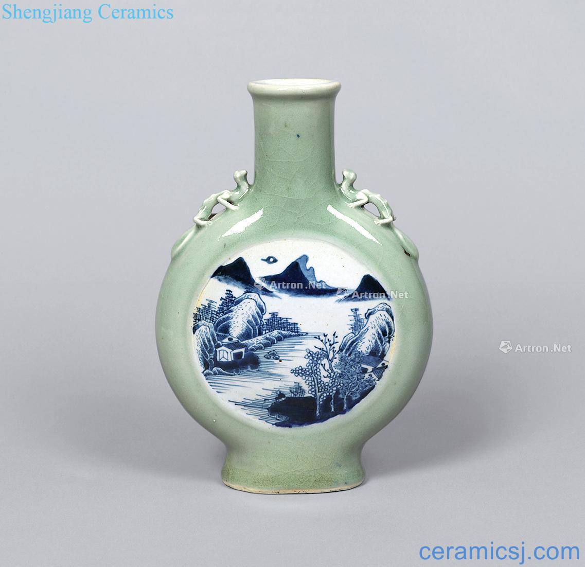 Qing qianlong pea green glaze blue and white landscape ssangyong ear partial bottle