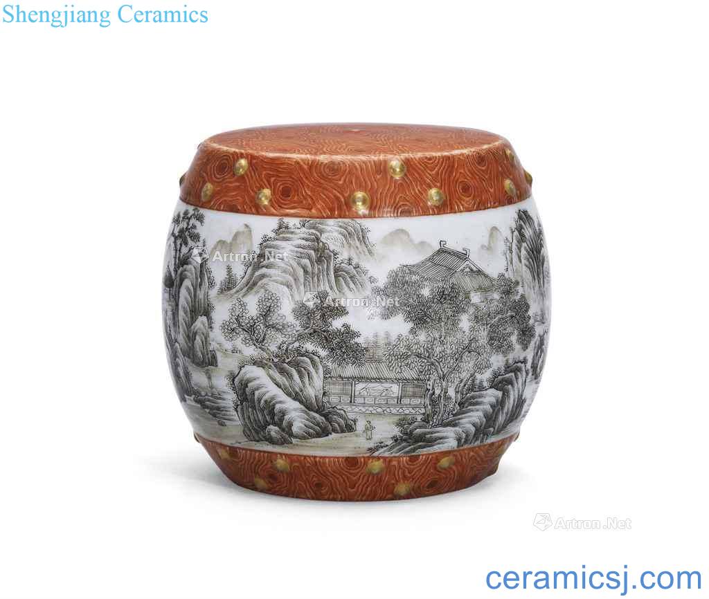 /imitation wood grain glaze color ink landscape figure of the republic of China in the late qing dynasty drum furnishing articles