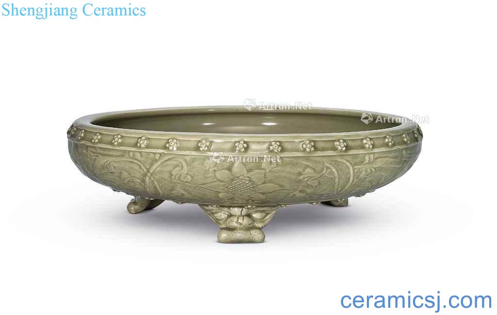 Ming the 15/16 century Longquan green glazed carved flowers around branches grain furnace with three legs