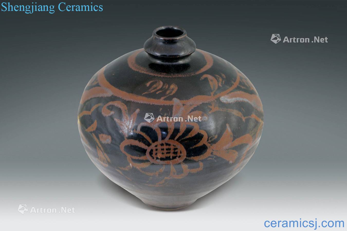 yuan Painted black glaze iron flower grain small mouth bottle