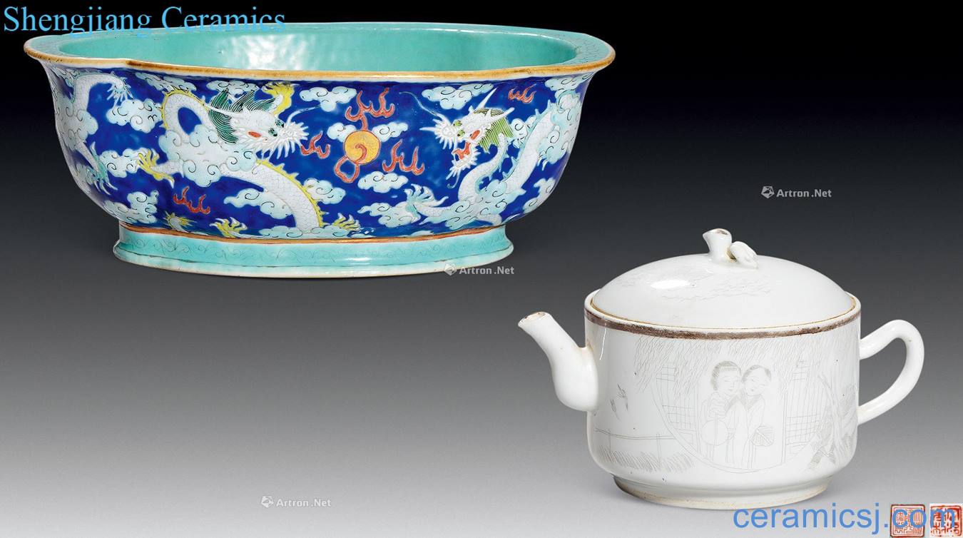 However, qing dynasty carved porcelain teapot, blue dragon and lines haitang form basin (a)
