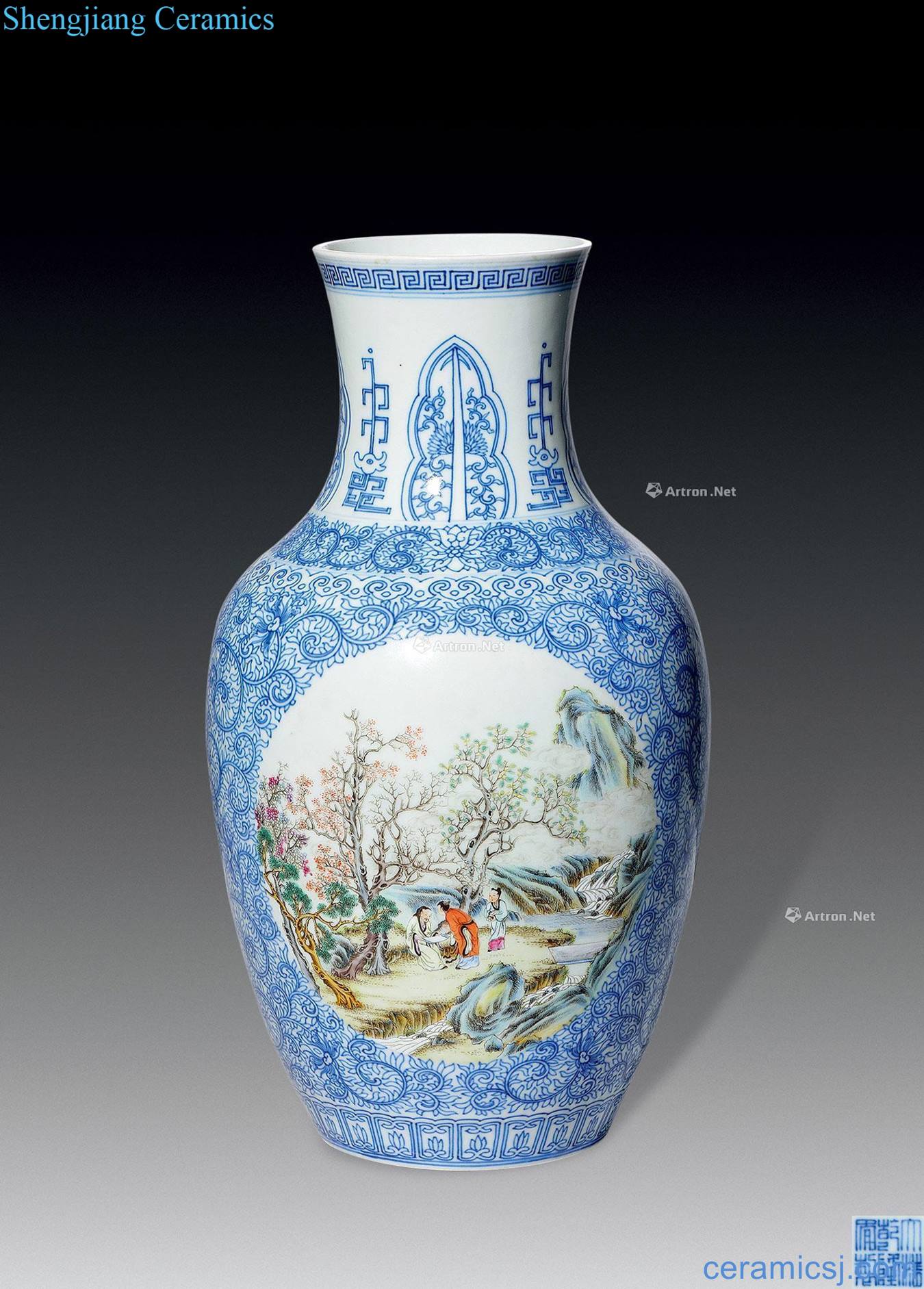 In qing dynasty blue-and-white medallion pastel landscape character lines