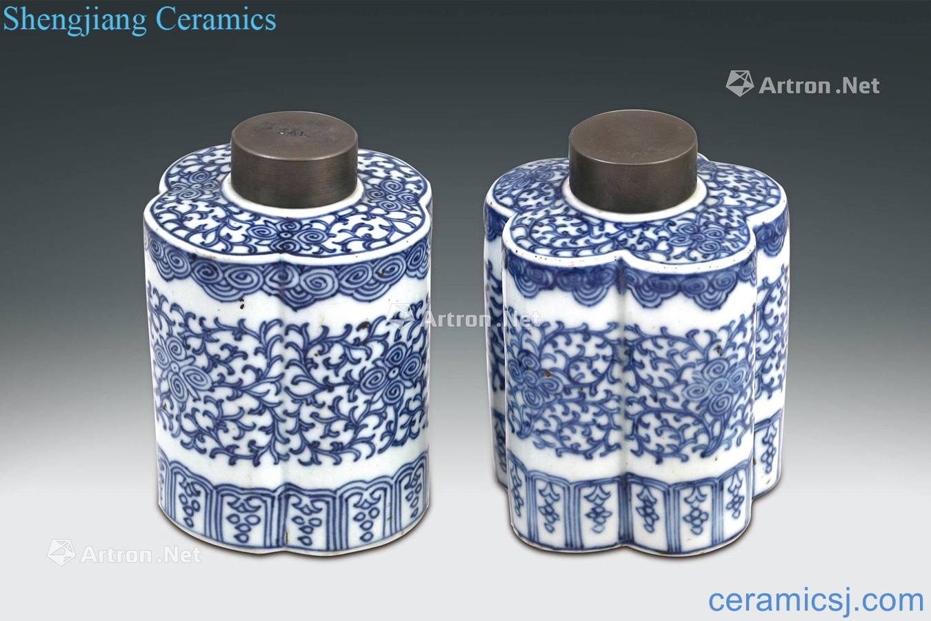 qing Blue and white tie up branch flower grain caddy (a)