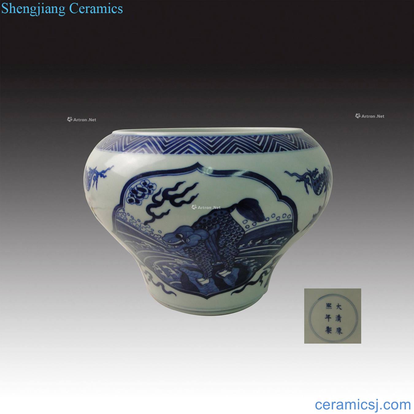 "Qing qing emperor kangxi years" blue and white big pot