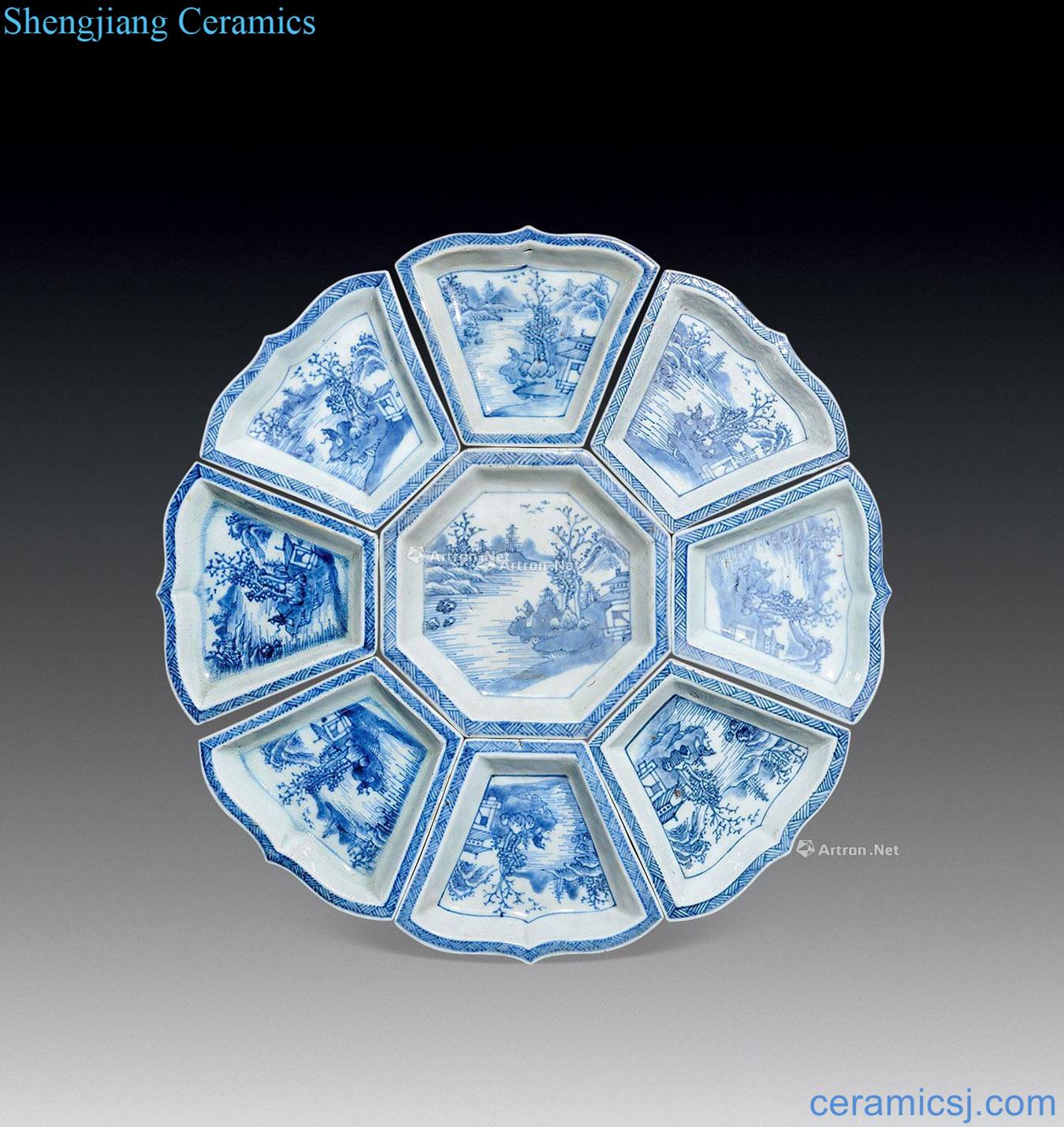 qing Blue and white landscape character lines nine dish