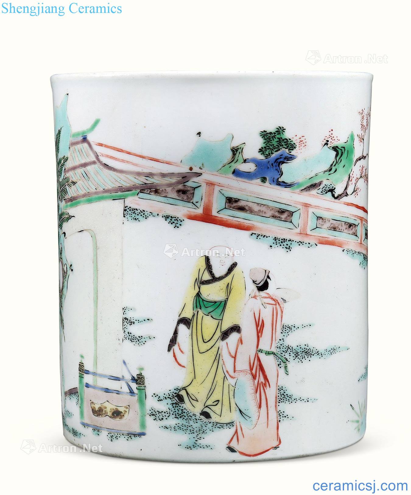 Early qing colorful characters story lines brush pot