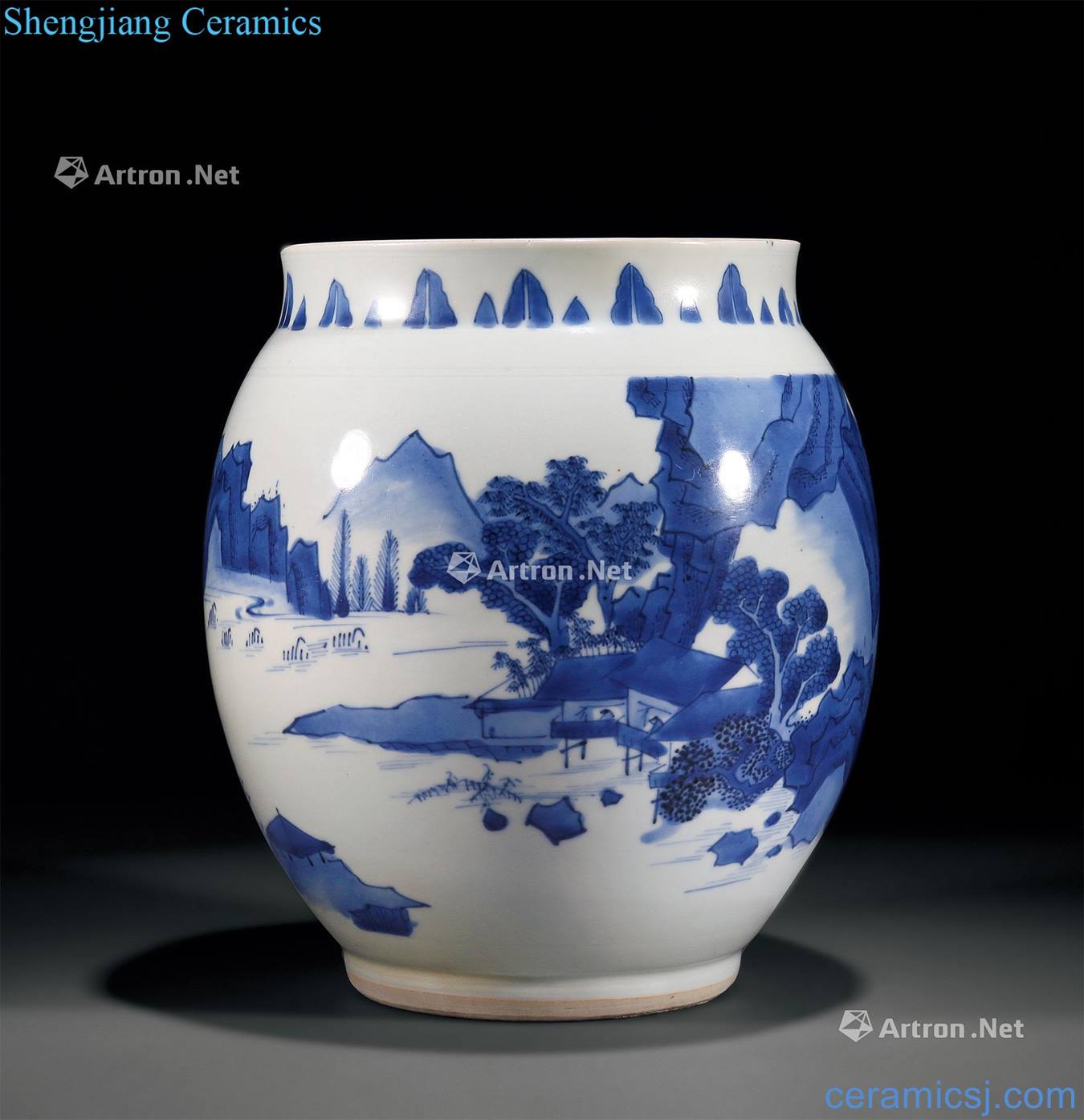 Ming chongzhen Blue and white landscape character lines large lotus seeds cans
