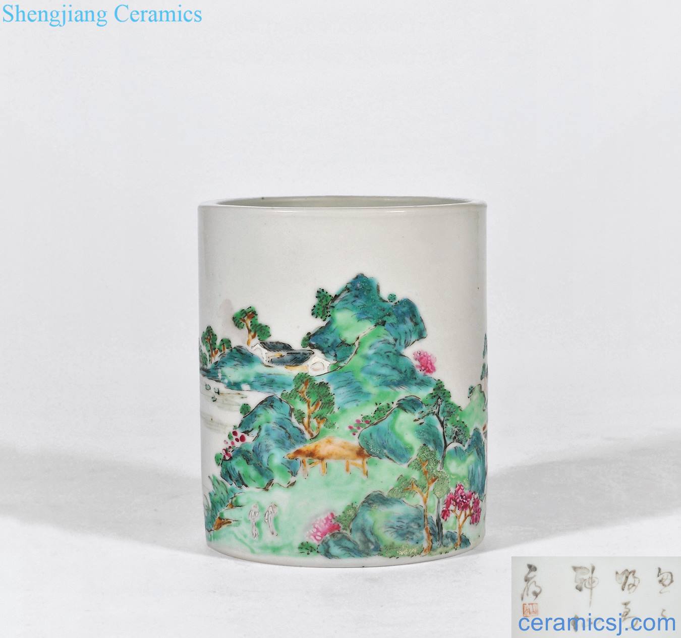Qing qianlong pastel landscape character poems small brush pot