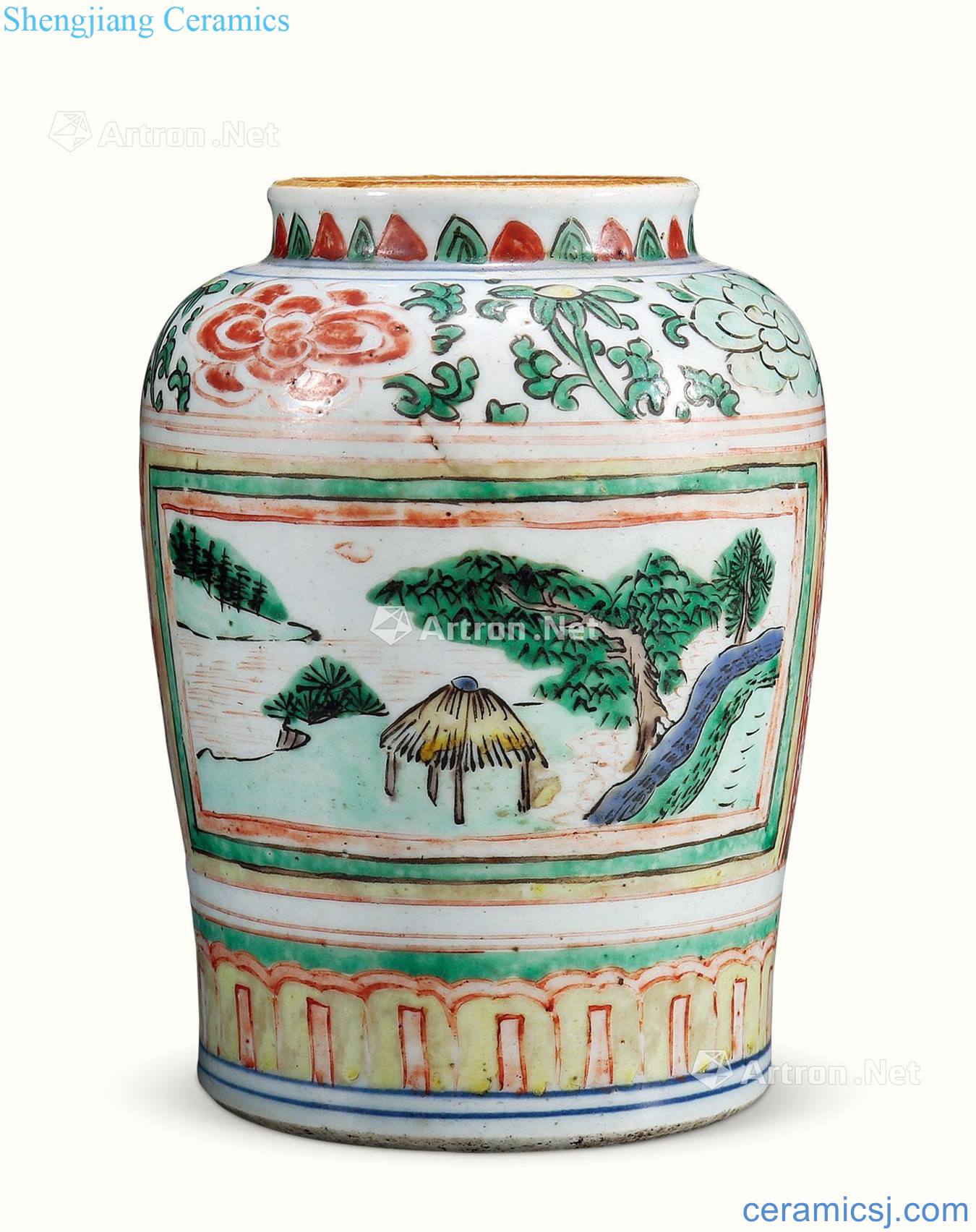 Qing shunzhi Colorful medallion landscape grain tank