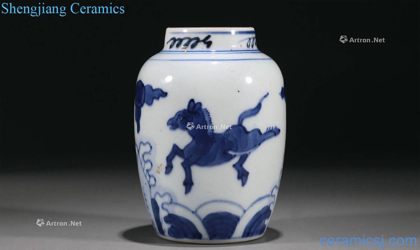 Qing shunzhi Blue and white hippocampus grain tank