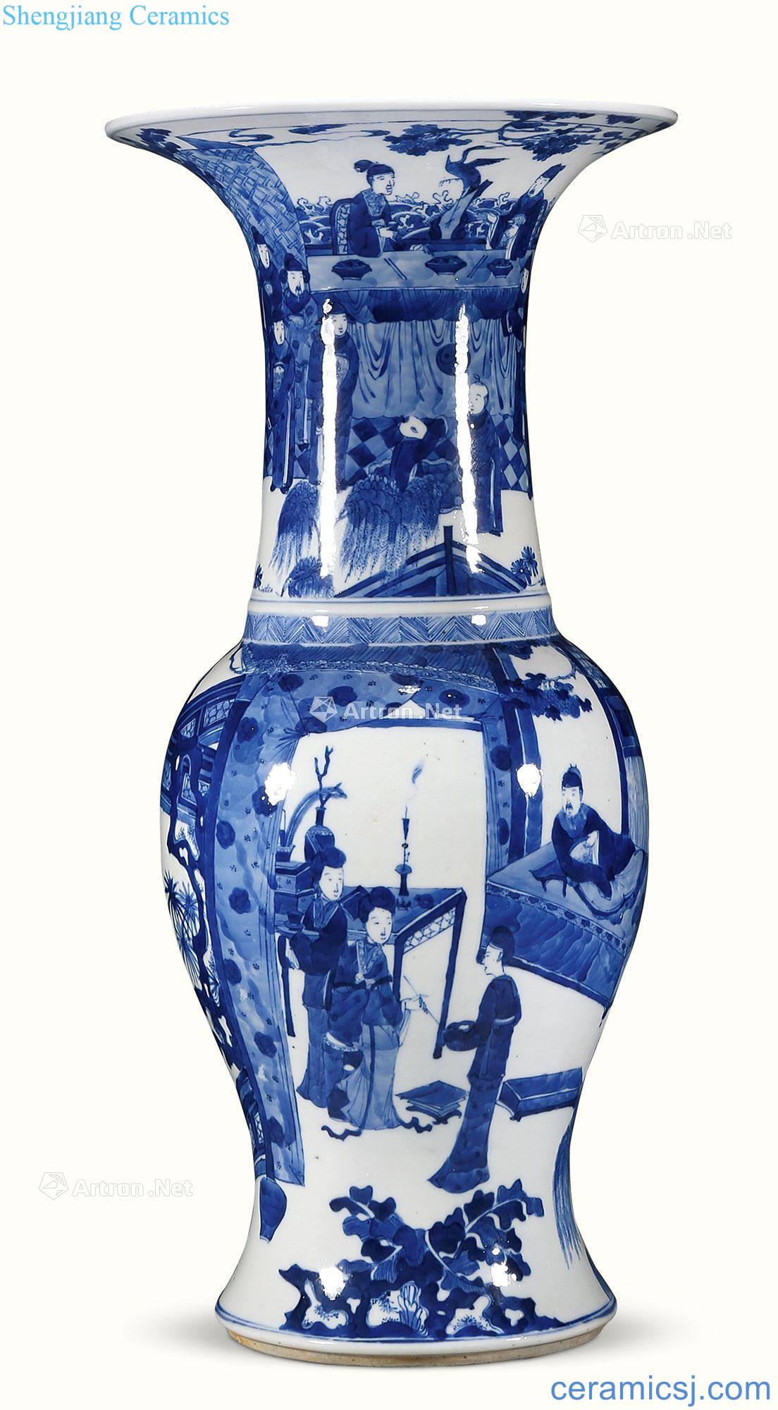 Qing guangxu Story lines flower vase with blue and white characters
