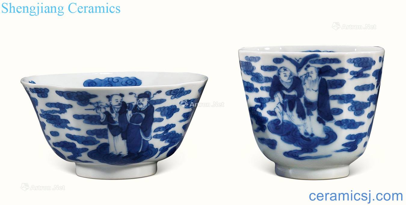 Qing guangxu Blue and white the eight immortals green-splashed bowls A cup of one