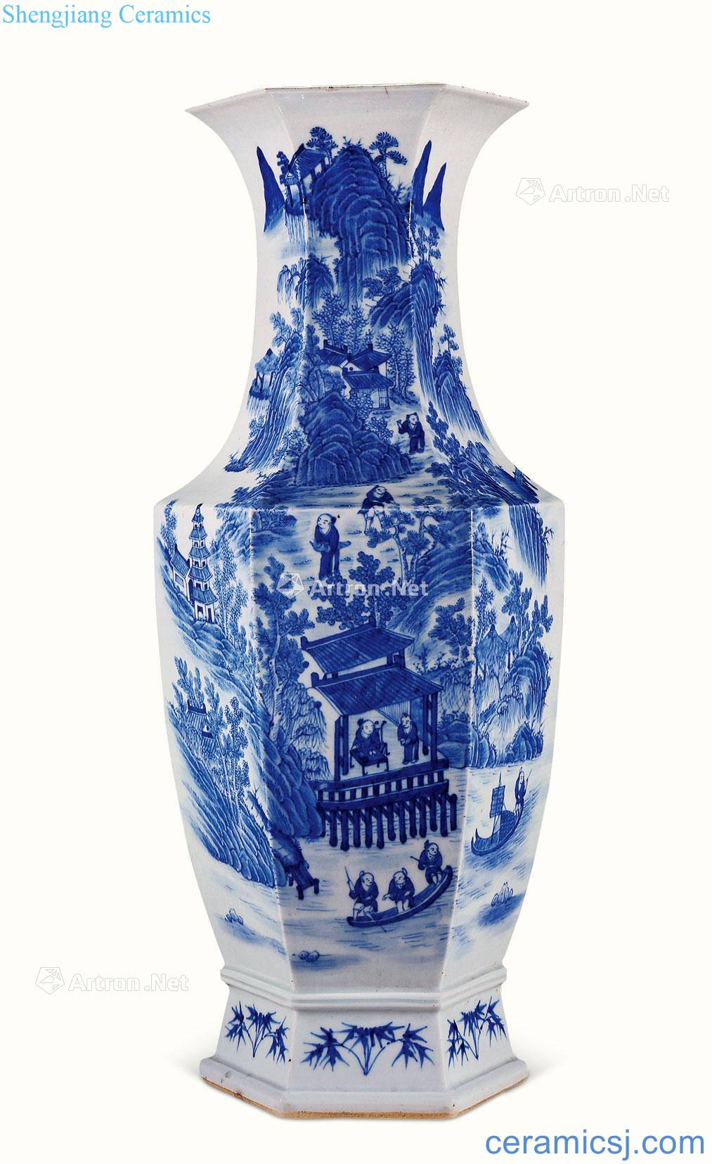 qing Blue and white vase landscape characters