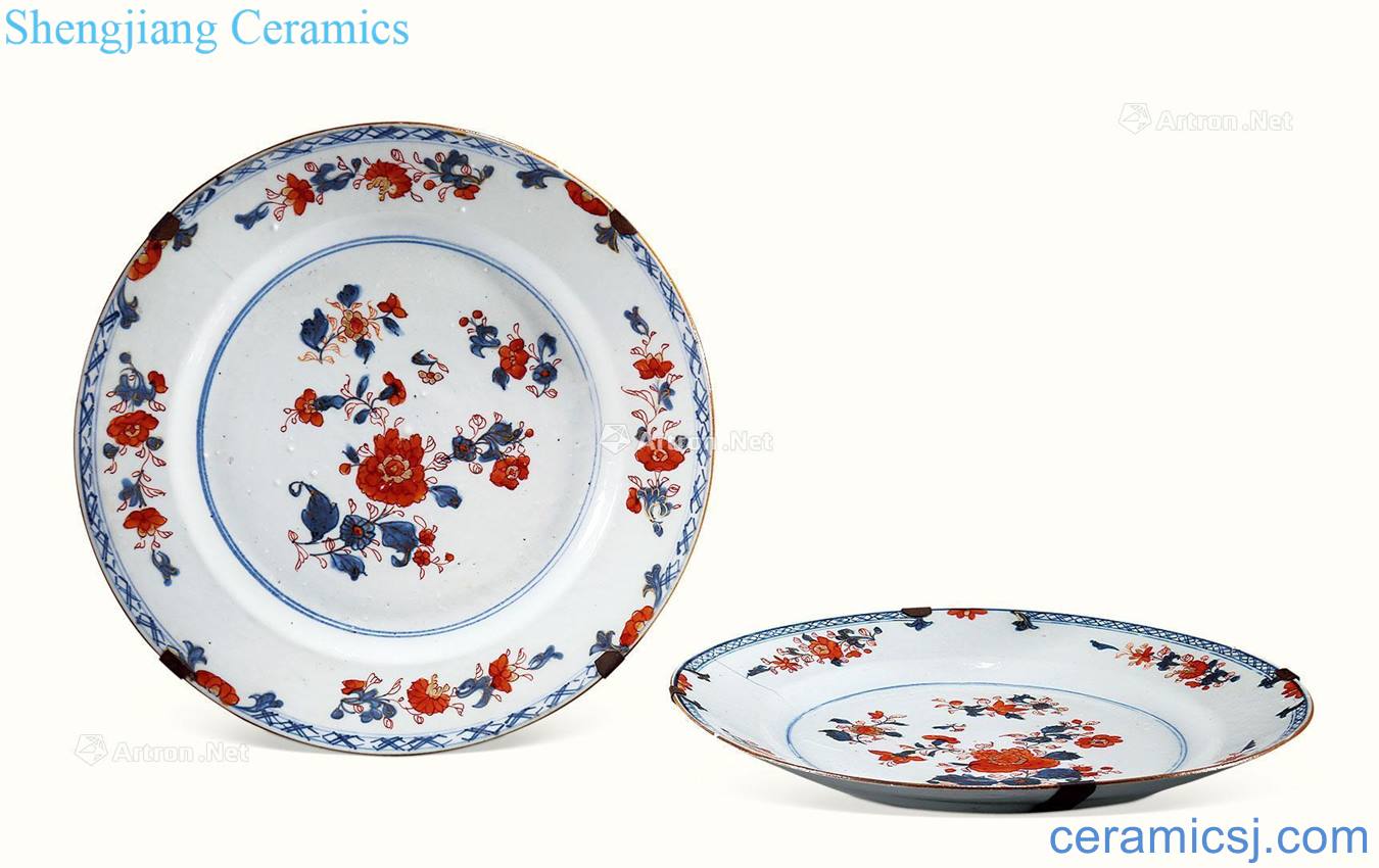 The qing emperor kangxi Blue and white alum red flower tray (a)