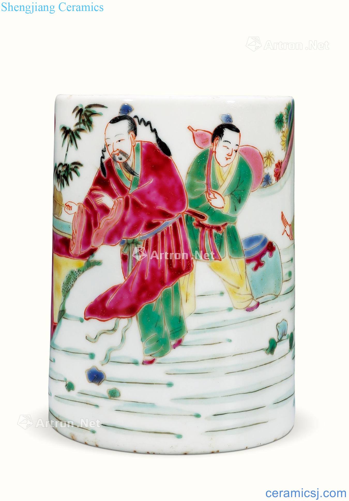 Qing yongzheng pastel characters story lines brush pot