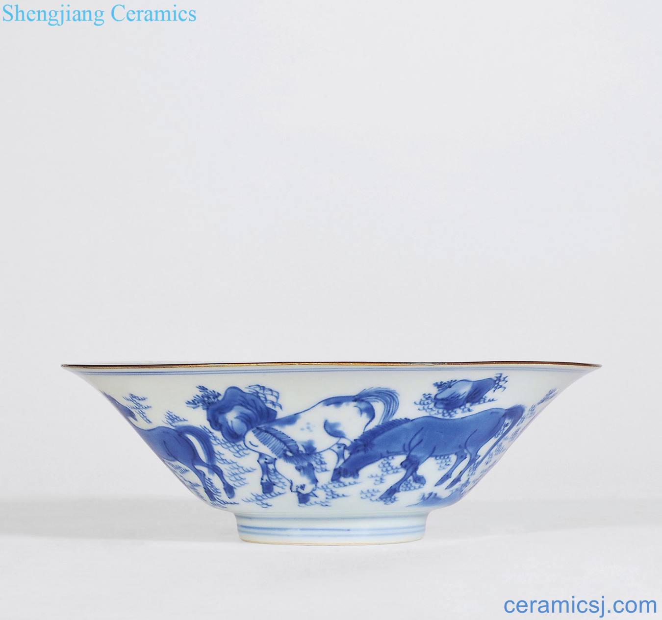 Qing shunzhi Eight jun figure hat to bowl of blue and white