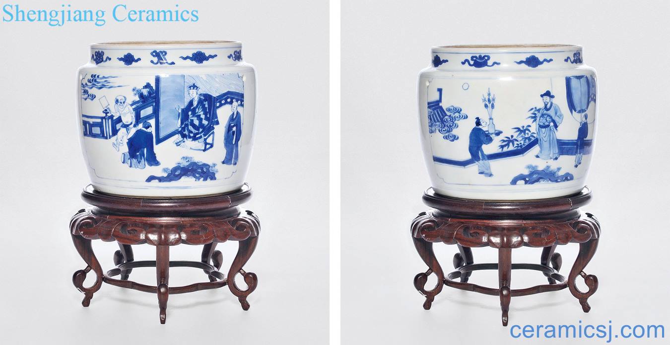 The qing emperor kangxi Blue fairy figures grain porridge pot