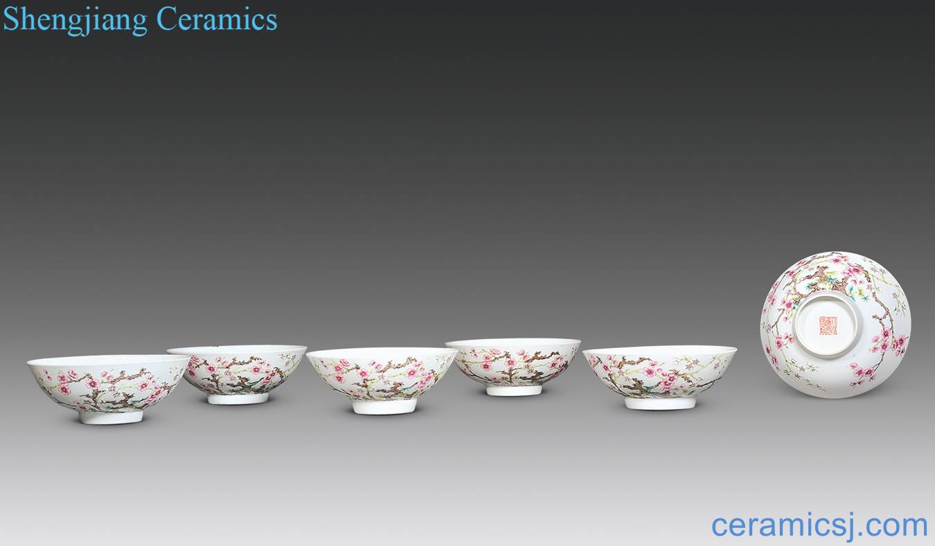 Late qing pastel plum green-splashed bowls (six)