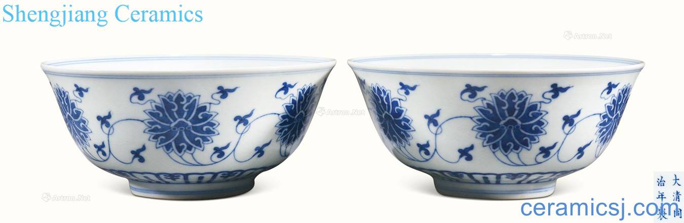dajing Blue and white tie up branch lotus green-splashed bowls (a)