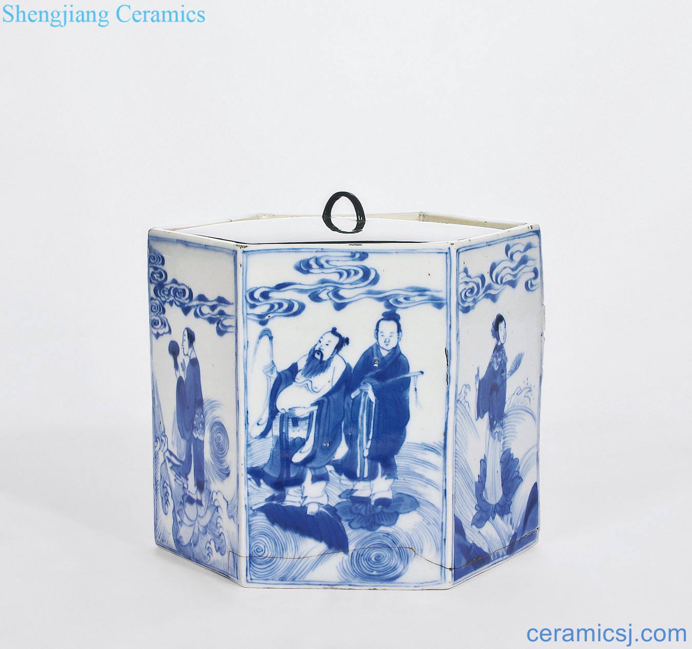 The qing emperor kangxi Blue and white figure six-party caddy the eight immortals