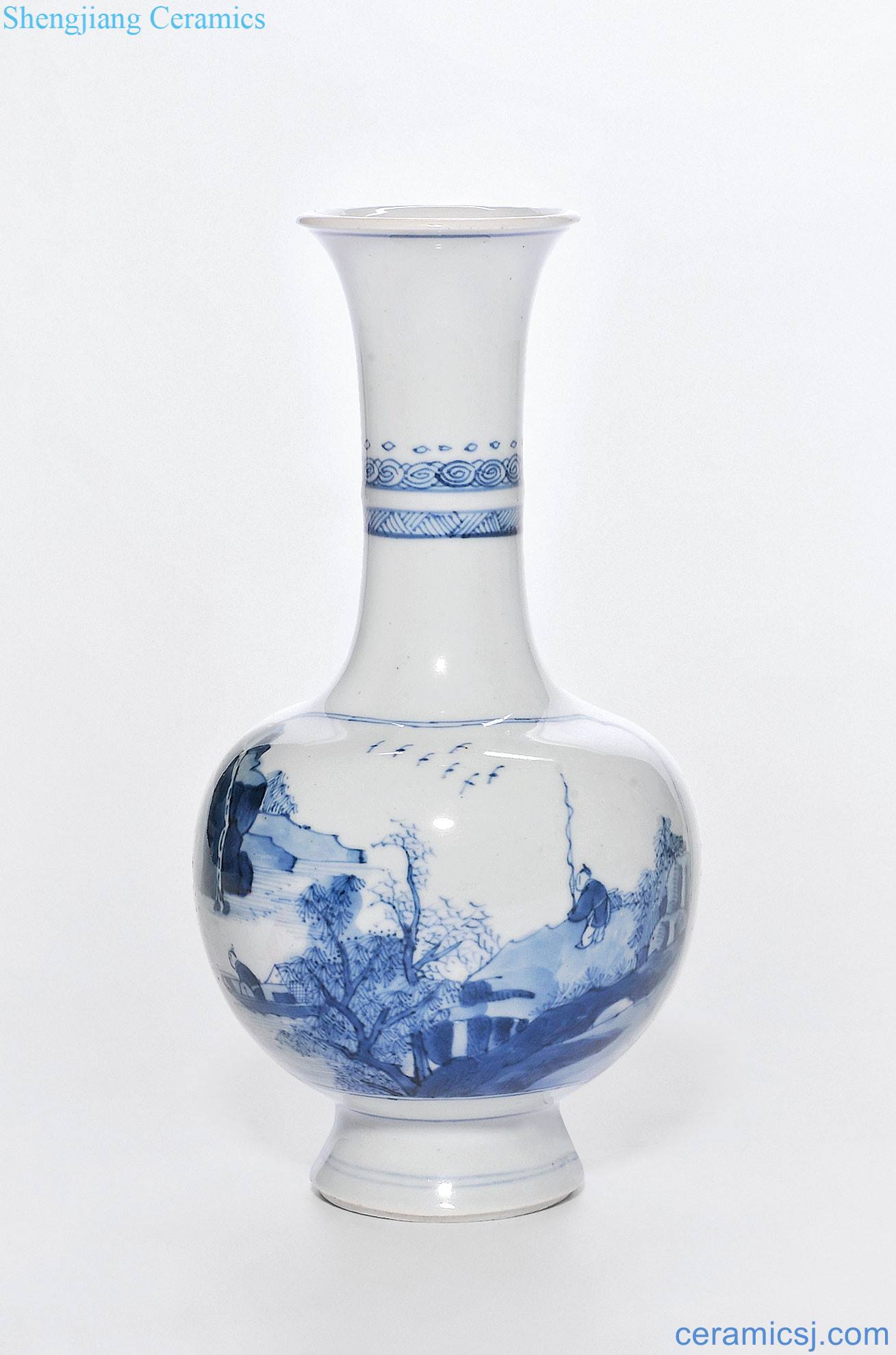 The qing emperor kangxi Blue and white landscape character lines small bottle